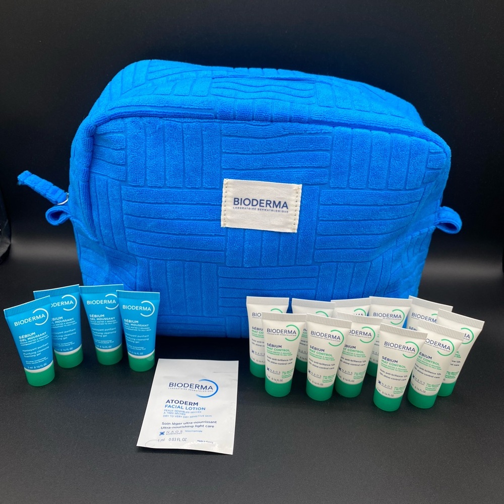NEW 17pc Bioderma Travel Bundle Sebium Mat Control & Gel Moussant Makeup Bag